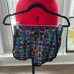 Women’s Black Athletic Shorts with Blue & Orange Tropical Print